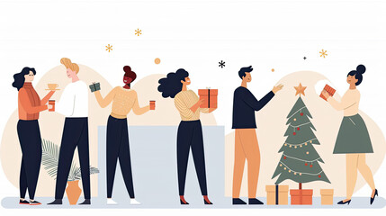 Fototapeta premium Group of Diverse Friends Celebrating Christmas with Gifts, Drinks, and a Festively Decorated Tree in a Cozy Indoor Setting