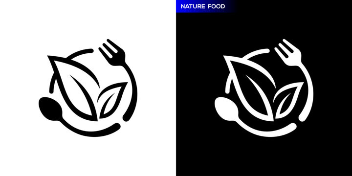 Vector design template of spoon and fork combination with leaf logo, restaurant, equipment, cutlery, vegetables, diet, symbol icon EPS 10