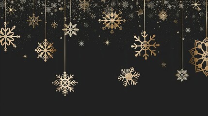 A black background with golden snowflakes hanging from the corners
