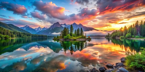 Fototapeta premium Serene Lake and Majestic Mountain Landscape with a Tranquil Island View, Perfect for Nature Lovers and Travel Enthusiasts Seeking Scenic Beauty in Stunning Portrait Photography