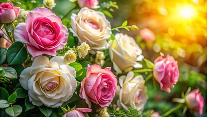 Serene Landscape Featuring Delicate Pink and White Artificial Roses Surrounded by Lush Greenery and Soft Natural Light for a Tranquil Atmosphere