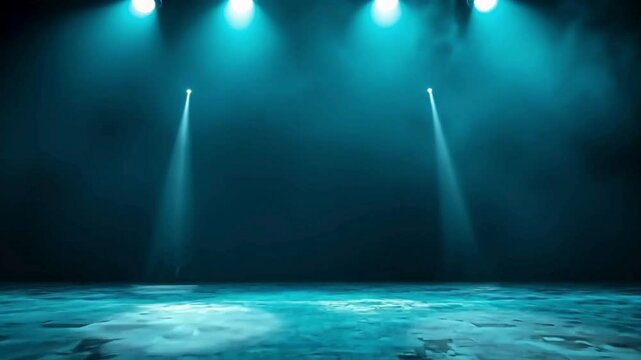 black interior with blue stage spotlights creative illuminating middle of empty floor; minimalistic eye catching panoramic pedestal perfect for luxury product advertising; lights & smoke are moving