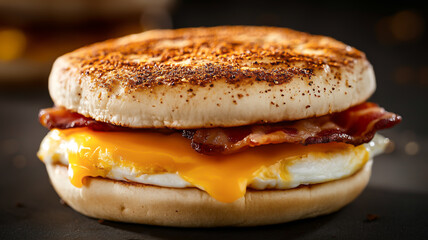 Breakfast sandwich bacon egg melted cheese rustic background. Comfort food, fast food, hearty breakfast