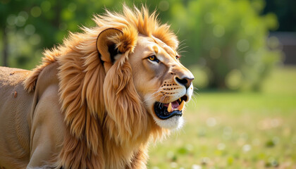 Fototapeta premium Majestic lion roaming freely under the sun, showcasing its regal mane in a lush green landscape during daytime