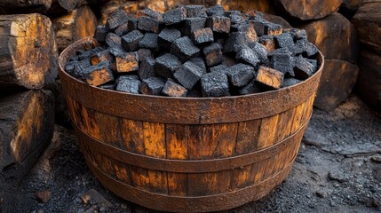 A wooden barrel filled with chunks of coal, showcasing its industrial use and texture.