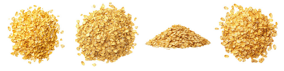 Set of neat pile of golden oat flakes isolated on transparent background