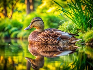 Fototapeta premium Serene Landscape Photography of a Wild Duck Lazily Observing Its Surroundings Amidst a Tranquil Waterscape with Lush Greenery and Reflections in the Calm Water