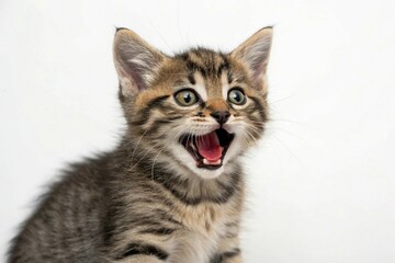 Funny little tabby cat photography looking shocked with mouth open. Portrait of cute kitten on white background with copy space
