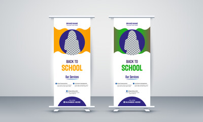 professional Back to School Admission Roll up banner design with yellow and Green