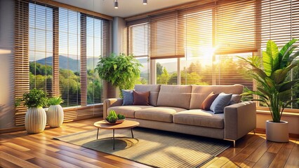 Fototapeta premium Serene Living Space with a Cozy Sofa by a Large Window, Perfect for Relaxation and Enjoying Natural Light in a Minimalist Room with Blinds and Soft Decor Elements
