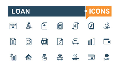 Loan icon set. Includes icons for bank, fund, house, car, increase, money, discount, percentage. Collection for mobile and web apps. Solid line editable vector illustration.