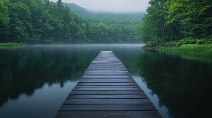 Serene Misty Lake with Wooden Dock and Lush Green Forest