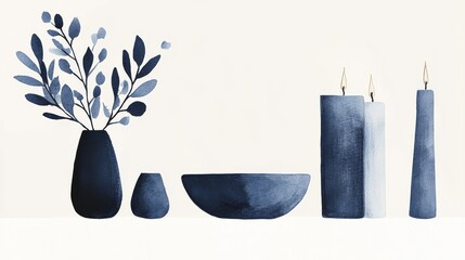 A modern minimalist illustration depicting a Hanukkah table set for a feast with elegant dishware, candles, and blue themed decorations.