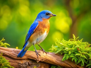 Obraz premium Serene Male Eastern Bluebird Perched on a Dead Branch Surrounded by Lush Greenery in a Sunlit Forest Setting with a Beautifully Blurred Background and High Depth of Field Effect