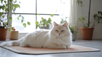 White cat lounging on pastel rug with natural light and potted plants