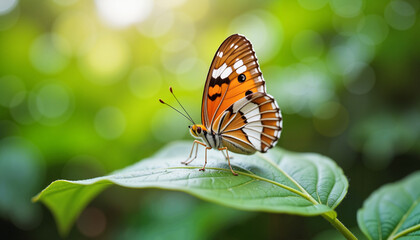 Obraz premium Vibrant butterfly resting on a lush green leaf amidst a tranquil garden setting in the warm afternoon sun