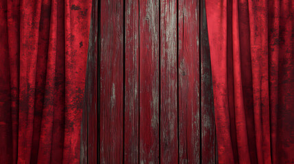 Red velvet curtains drawn back to reveal a wooden backdrop with a natural, weathered texture. Velvet. Illustration