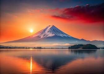 Serene Minimalist Landscape of Mount Fuji Silhouetted Against a Vibrant Red Sun at Dawn, Capturing the Essence of Tranquility and Simplicity in Japanese Nature Photography