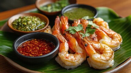 Grilled Shrimp with Sauces and Fresh Herbs