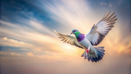 Obraz premium Serene Minimalist Photography of a Pigeon in Flight Against a Soft Sky Background, Capturing the Essence of Freedom and Graceful Movement in Nature