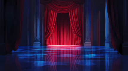 Red velvet stage curtains with reflective floor. rich red velvet theater curtains set against a reflective blue floor, ideal for dramatic stage settings. Velvet. Illustration