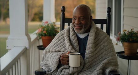 Fototapeta premium Relaxed elderly african male enjoying tea on cozy porch with autumn foliage in background for tranquil morning vibes