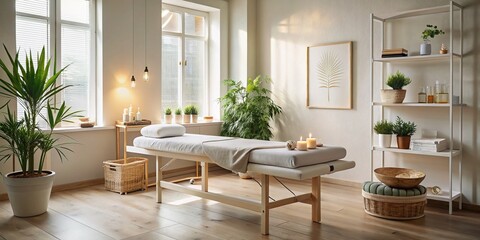 Fototapeta premium Serene Minimalist Physiotherapeutic Massage Setting with Soft Natural Light and Simple Decor, Focusing on Relaxation and Wellness in a Calming Atmosphere