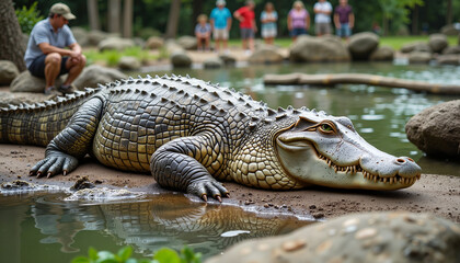 Obraz premium Majestic crocodile basking in the sun as onlookers admire its grandeur by the tranquil waters of a serene park