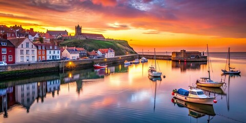 Fototapeta premium Serene Minimalist View of Whitby Harbour in North Yorkshire with Tranquil Waters and Simple Boat Silhouettes Against a Soft Sky