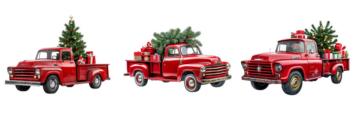 Set of A festive pickup truck decorated with Christmas lights and ornaments on transparent png background