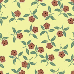 Small colorful flowers and brown flowers, hand drawn. Seamless on a light yellow background. Designed for fabric, fashion, textiles, wallpaper,