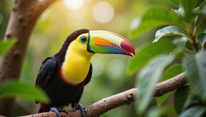 Fototapeta premium Colorful toucan perched on a branch surrounded by lush green foliage in a vibrant tropical setting