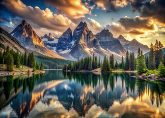 Serene Mountain Peaks and Reflective Lake in Ink Painting Style Capturing the Beauty of Nature's Layers in an Urban Exploration Photography Theme