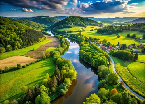 Serene Nature Landscape of the River Ostravice Flowing Through the Lush Green Hills Near Vratimov Village in the Czech Republic Captured in Conceptual Photography Style
