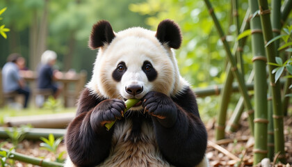 Obraz premium Panda enjoys a bamboo feast in a serene forest environment with visitors in the background