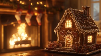 Fototapeta premium Detailed gingerbread house with warm lighting and cozy atmosphere
