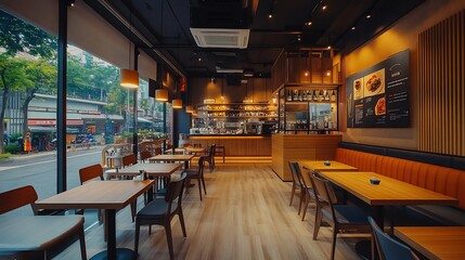 Fototapeta premium Modern cafe interior with wooden tables and chairs, orange booths, and a bar.