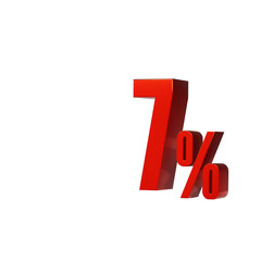3d illustration of red number 7 percent or 7% isolated on white background. 3d render.