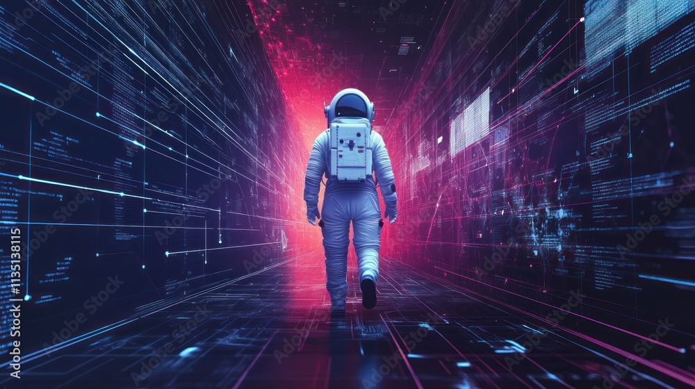Aufkleber An astronaut walking through a futuristic digital tunnel with glowing data streams.