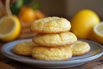 Lemon-flavored cookies stacked on a plate surrounded by citrus fruits