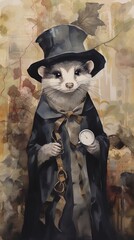 An anthropomorphic ferret dressed in a classic top hat and a long coat holds a pocket watch in one hand and a set of handcuffs in the other. The ferret has a charming expression, with prominent whiske