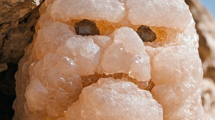 Giant golem guarding hidden cave with crystals.