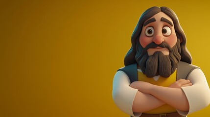 Jesus, A cartoon man with a beard and a vest is standing with his arms crossed
