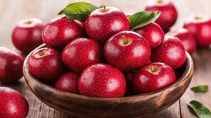 A Bowl of Fresh, Ripe Red Apples on Wooden Table