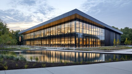 Obraz premium Modern Architectural Masterpiece: Glass Facade Building Reflecting in Serene Waters