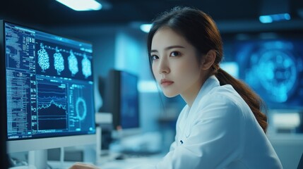 Focused Scientist Analyzing Data on Computer Screen in Modern Lab
