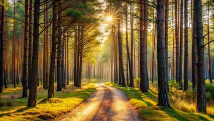 Serene Sandy Forest Path Surrounded by Pine Trees in Spring, Capturing the Essence of Nature's Tranquility and the Harmony of the Forest Ecosystem