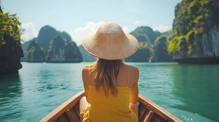 Woman in Yellow Dress Rides Wooden Boat Through Serene Bay