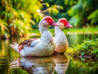Serene Scene of Two Muscovy Ducks with White and Brown Feathers in a Natural Habitat, Showcasing Their Unique Beauty and Behavior in a Peaceful Outdoor Setting