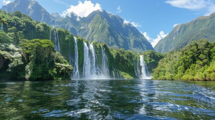 A scenic view of waterfalls cascading into a tranquil lake surrounded by lush mountains.